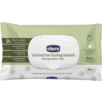 Дитячі вологі серветки Chicco з пантенолом біорозкладні, 60 шт. - Pampik