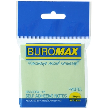 Блок бумаги для заметок Buromax Pastel с клейким слоем 75х75 мм 100 листов салатовый (BM.2384-15) - Pampik