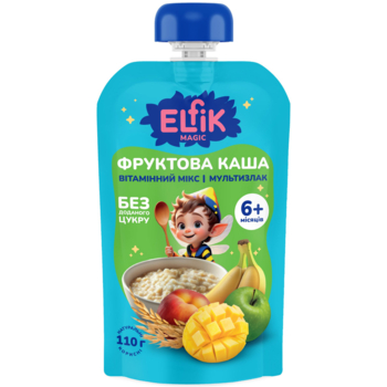 Фруктова каша Elfik Magic Вітамінний мікс з яблук, мультизлакової каші, персиків, бананів та манго, 110 г - Pampik