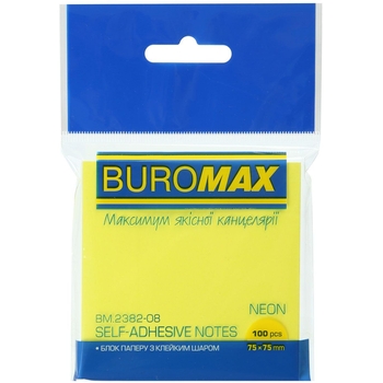 Блок паперу для нотаток Buromax Neon з клейким шаром 75х75 мм 100 аркушів жовтий (BM.2382-08) - Pampik
