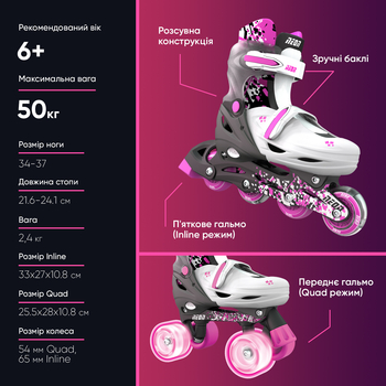 Роликовые коньки Neon Combo размер 34-37 серо-розовые (NT31P4) - Pampik - 5