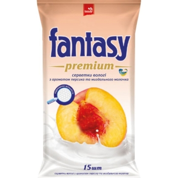 Салфетки влажные Fantasy Premium с ароматом персика и миндального молочка, 15 шт. - Pampik