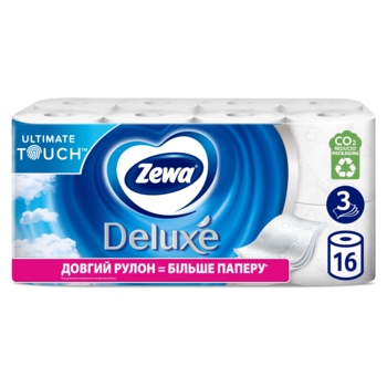 Туалетний папір Zewa Deluxe білий тришаровий, 16 рулонів - Pampik