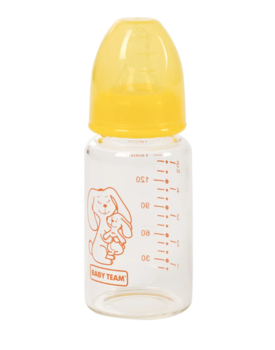 Пляшечка для годування Baby Team, скляна, 150 мл, жовтий (1210_зайчик) - Pampik