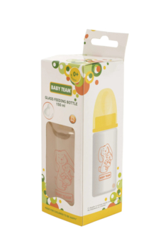 Пляшечка для годування Baby Team, скляна, 150 мл, жовтий (1210_зайчик) - Pampik - 5
