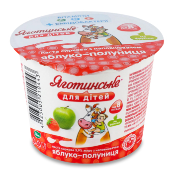 Паста творожная Яготинське для дітей Яблоко-клубника 3,9%, с витаминами и бифидобактериями, 90 г - Pampik