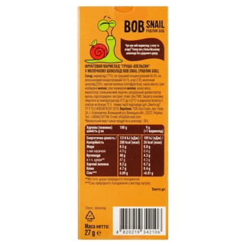 Фруктовий мармелад Bob Snail Груша-Апельсин в бельгійському молочному шоколаді, 27 г - Pampik - 2