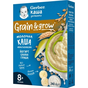 Молочна каша Gerber Мультизлакова з йогуртом, бананом і грушею, 240 г - Pampik