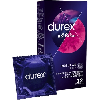 Презервативи Durex Dual Extase латексні, з силіконовою змазкою, рельєфні, з анестетиком, 12 шт. - Pampik
