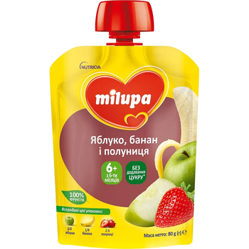 Фруктове пюре Milupa Pouch Яблуко, банан та полуниця, 80 г - Pampik