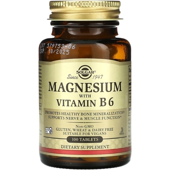 Вітаміни та мінерали Solgar Магній та Вітамін В6, 100 таблеток - Pampik
