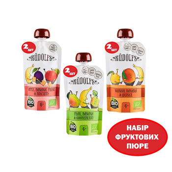 Набір фруктових пюре Rudolfs Fruit Box, 660 г (6 уп. по 110 г) - Pampik