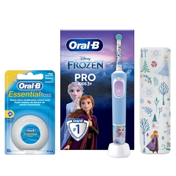 Набір Oral-B: Електрична зубна щітка Oral-B Pro Kids Frozen, з футляром + Зубна нитка Oral-B Essential Floss М'ята, 50 м - Pampik