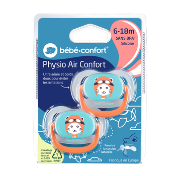 Пустушка силіконова Bebe Confort Physio Air, анатомічна, 6-18 міс., 2 шт., синій та помаранчевий (3104201780) - Pampik - 3