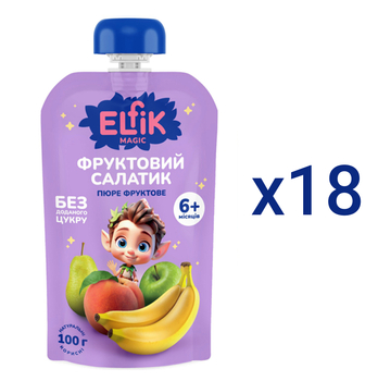 Пюре Elfik Magic Фруктовий салатик з яблук, груш, персиків та бананів, 1800 г (18 шт. по 100 г) - Pampik