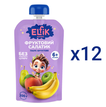 Пюре Elfik Magic Фруктовий салатик з яблук, груш, персиків та бананів, 2400 г (12 шт. по 200 г) - Pampik