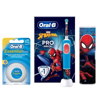 Набір Oral-B: Дитяча електрична зубна щітка Oral-B Pro Kids Людина-Павук з футляром + Зубна нитка Oral-B Essential Floss М'ята, 50 м - Pampik