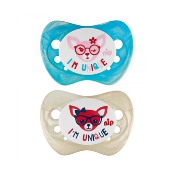 Пустушка силіконова Nip Я унікум №2, ортодонтична, 5-18 міс., 2 шт., бежевий з блакитним (31313) - Pampik