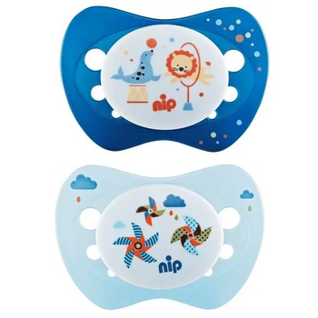 Пустышка Nip Чудесная жизнь №2 Цирк и ветрячки, 5-18 мес., голубой с синим, 2 шт. (31302) - Pampik