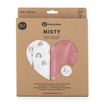 Пелюшки Petite & Mars Misty Rose Rainbows, бамбукові з мусліну, 120х120 см, 2 шт., білий з рожевим (417362) - Pampik