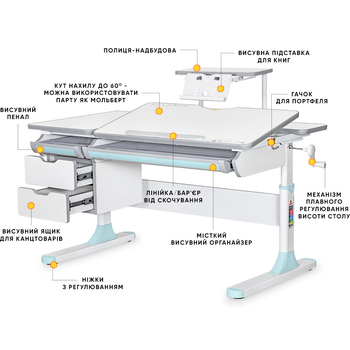 Дитячий стіл Mealux Hamilton Multicolor BL з полицею S-50 (арт. BD-680 W/G MC +BL +S50 WG) - Pampik - 2