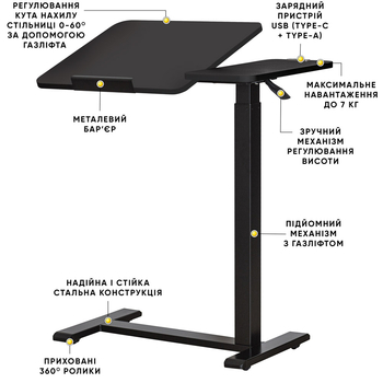 Стіл Hommex Mobidesk Duo USB Black (арт. ТН-010-2 Black) - Pampik - 2