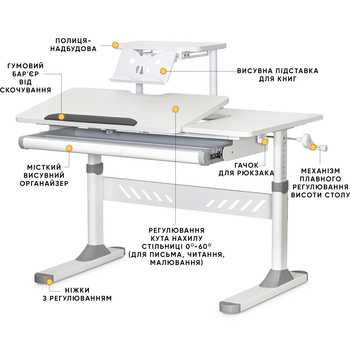 Дитячий стіл Evo-кids TH-310 з полицею S30 Grey (арт.TH-310 W/G + BD-S30 G) - Pampik - 2