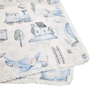 Пелюшка муслінова NL Baby Потяг, 80х80 см, біло-блакитний (37077) - Pampik - 5