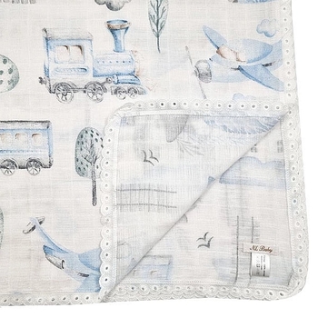 Пелюшка муслінова NL Baby Потяг, 80х80 см, біло-блакитний (37077) - Pampik - 7