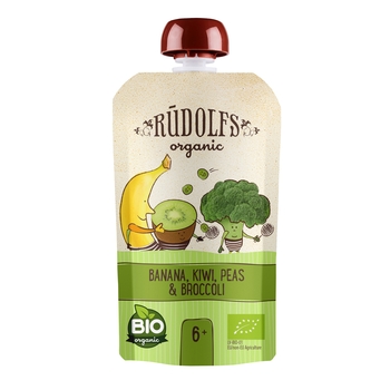 Пюре Rudolfs Pouch Смузи Банан, киви, брокколи с зеленым горошком, 110 г - Pampik