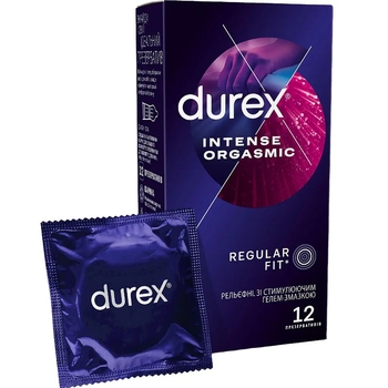 Презервативи латексні з силіконовим лубрикантом Durex Intense Orgasmic, рельєфні, зі стимулюючим гелем-змазкою, 12 шт. - Pampik