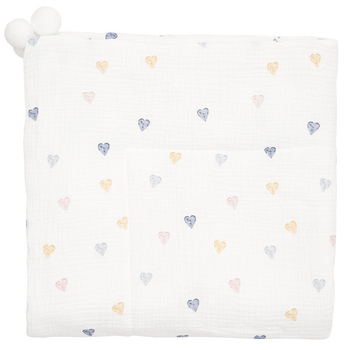 Плед муслиновый Twins Hearts, утепленный с кистями, 90x90 см, белый с принтом (1611-PMУ90х90-202H) - Pampik