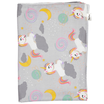 Плед Twins Єдиноріг, мусліновий подвійний, 110х75 см, сірий з принтом (1410-110/75-10U) - Pampik