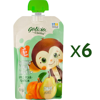 Набір пюре Galicia Baby Яблуко-груша-гарбуз, 540 г (6 уп. по 90 г) - Pampik
