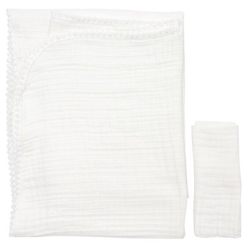 Плед Twins мусліновий, 4-х шаровий, з помпонами + серветка, 100х80 см, молочний (1622-PMP-202) - Pampik