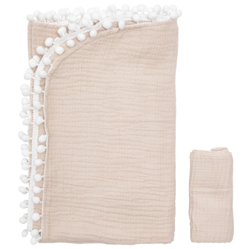 Плед Twins мусліновий, 4-х шаровий, з помпонами + серветка, 100х80 см, бежевий (1622-PMP-02) - Pampik