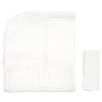 Плед Twins муслиновый, 4-х слойный, с помпонами + салфетка, 100х80 см, белый (1622-PMP-01) - Pampik