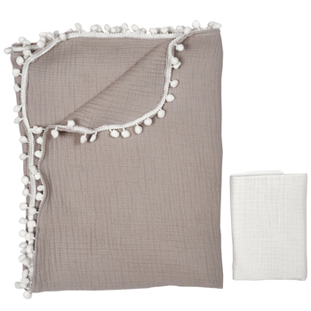 Плед Twins муслиновый, 4-х слойный, с помпонами + салфетка, 100х100 см, серый (1620-PM-100х100-10) - Pampik