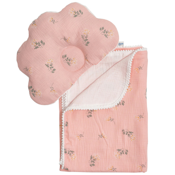 Плед и подушка ортопедическая Twins, муслин маршмелоу, 110х80 см, pink/flower, рожевий (1411-TMPO-08F) - Pampik