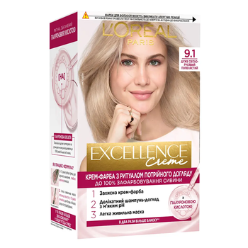 Краска для волос L’Oréal Paris Excellence Creme, тон 9.1 (очень светло-русый пепельный), 176 мл - Pampik