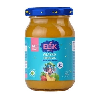 Пюре Elfik Magic з яблук та персиків, без цукру, 170 г - Pampik