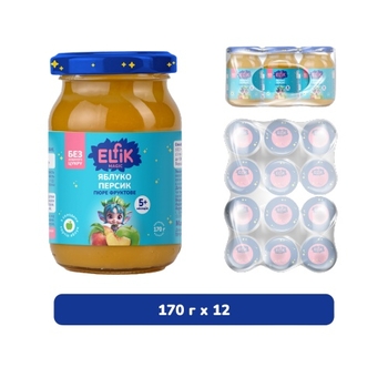 Пюре Elfik Magic из яблок и персиков, без сахара, 2040 г (12 шт. по 170 г) - Pampik