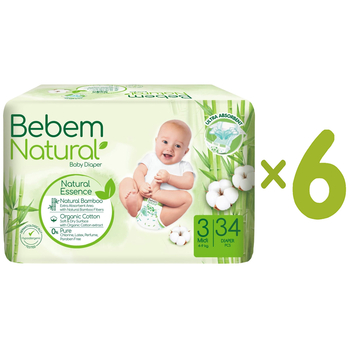 Підгузки на липучках Bebem Natural, 3 (4-9 кг), 204 шт. (6 уп. по 34 шт.) - Pampik