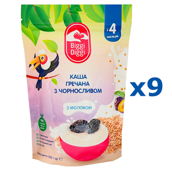 Упаковка молочної каші Biggi Diggi Гречана з чорносливом,1,8 кг (9 шт. по 200 г) - Pampik