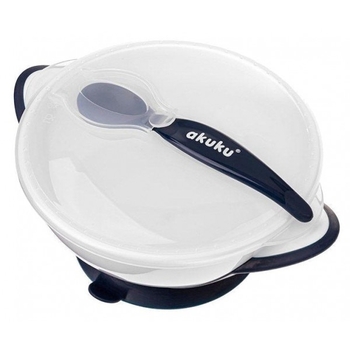 Тарілка на присосці Akuku з ложкою, білий-синій (A0503) - Pampik