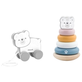 Набір дерев'яних іграшок PolarB Каталка та пірамідка Білий ведмедик (44227) - Pampik