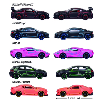 Набір металевих машинок Majorette Яскравий гонщик, з неоновими елементами, 7,5 см, 5 шт. (2053179) - Pampik - 2