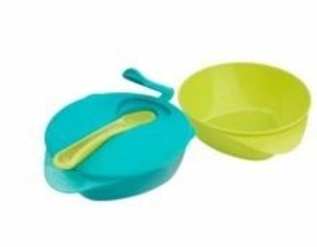 Компактний набір з двох тарілочок, з кришкою і ложкою Tommee Tippee, блакитний із салатовим - Pampik
