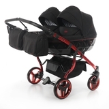 Універсальна коляска для двійні 2 в 1 Junama Diamond Individual Duo 01, чорний на червоній рамі (JD-IN-DUO-01) - Pampik
