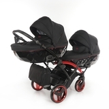 Універсальна коляска для двійні 2 в 1 Junama Diamond Individual Duo Slim 01, чорний на червоній рамі (JD-IN-DUOs-01) - Pampik